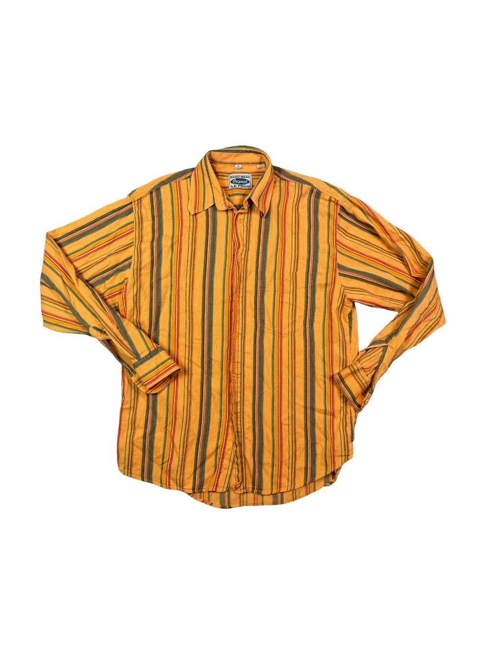 Vintage Le Frog Mens M 39/40 Orange Striped Crinkle Button Down Shirt 90s Boho